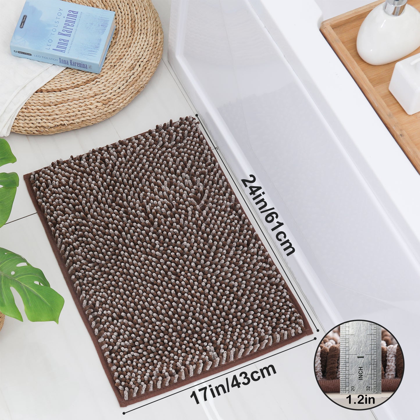 COSY HOMEER Chenille Bathroom Rug, Soft Absorbent Bath Mat Non-Slip, 1.2" Thick Plush Bath Rugs Machine Washable for Bathroom Floor, Tubs and Showers