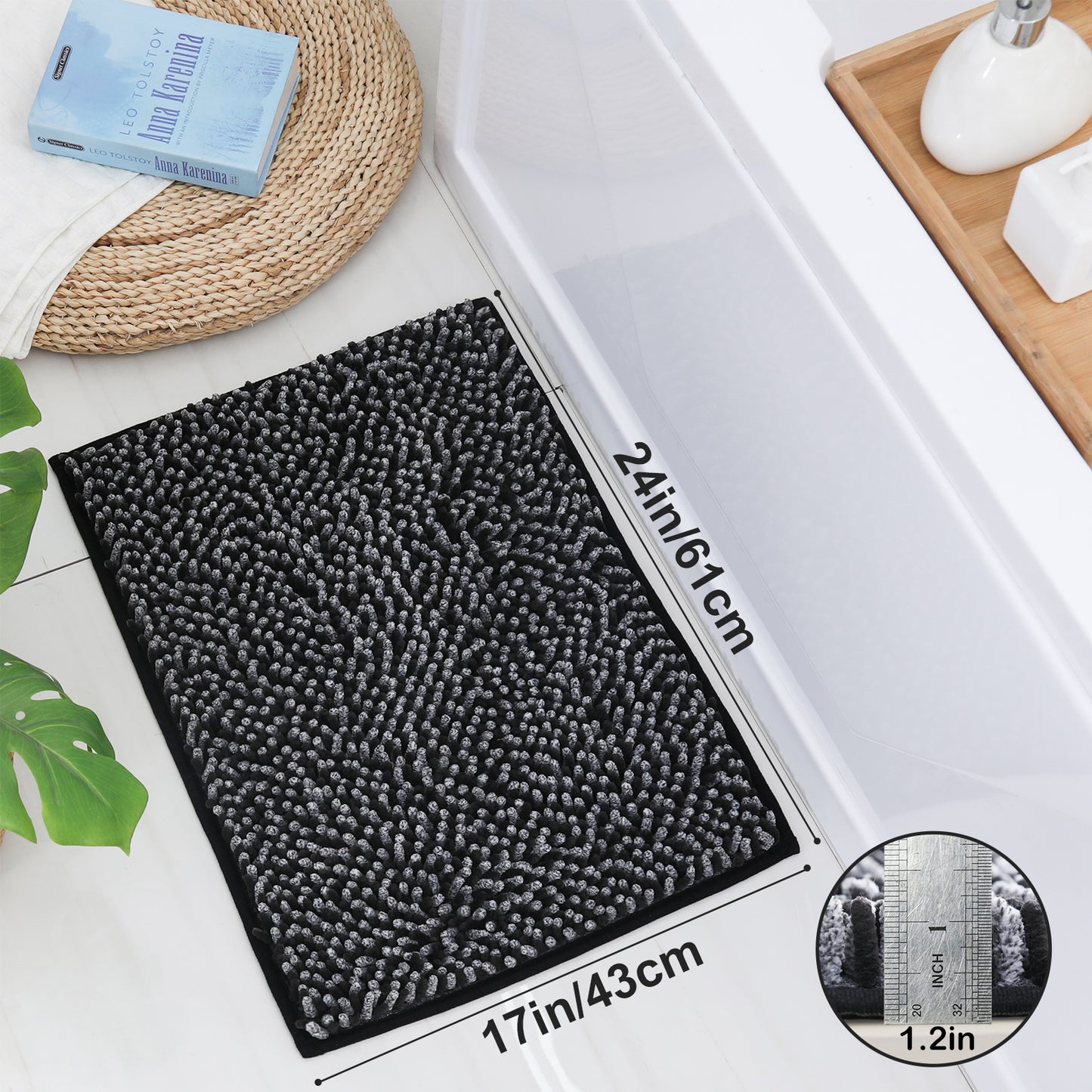 COSY HOMEER Chenille Bathroom Rug, Soft Absorbent Bath Mat Non-Slip, 1.2" Thick Plush Bath Rugs Machine Washable for Bathroom Floor, Tubs and Showers